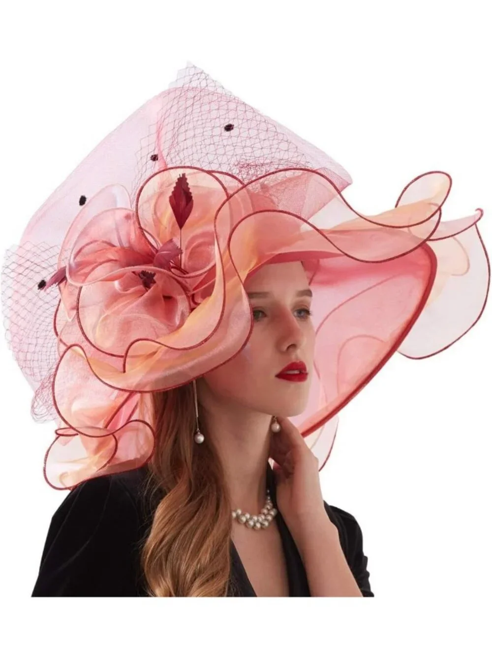 Elegant Wide Brim Organza Church Hat for Weddings & Tea Parties with Detachable